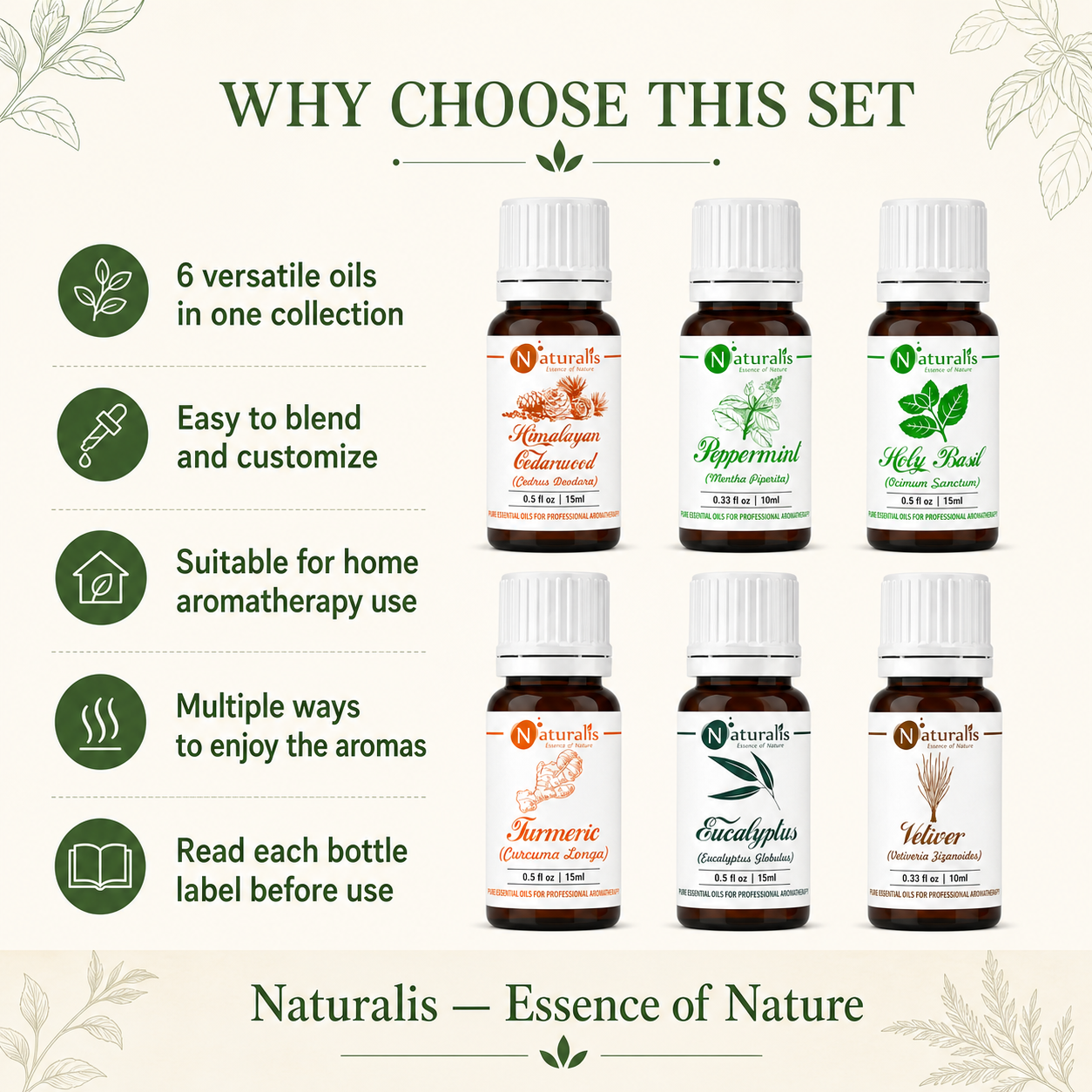 Naturalis 15GP3 essential oil set why choose this set infographic
