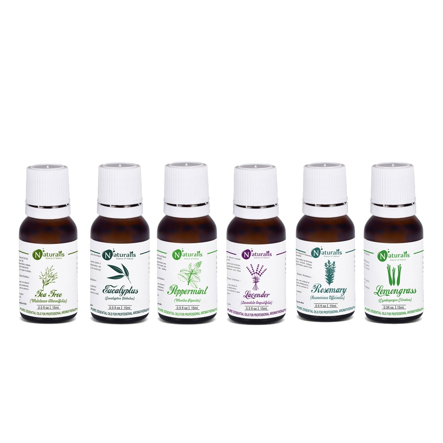 Naturalis Multipurpose Essential Oil Set of 6, 15ml — Lavender, Rosemary, Eucalyptus, Peppermint, Tea Tree and Lemongrass