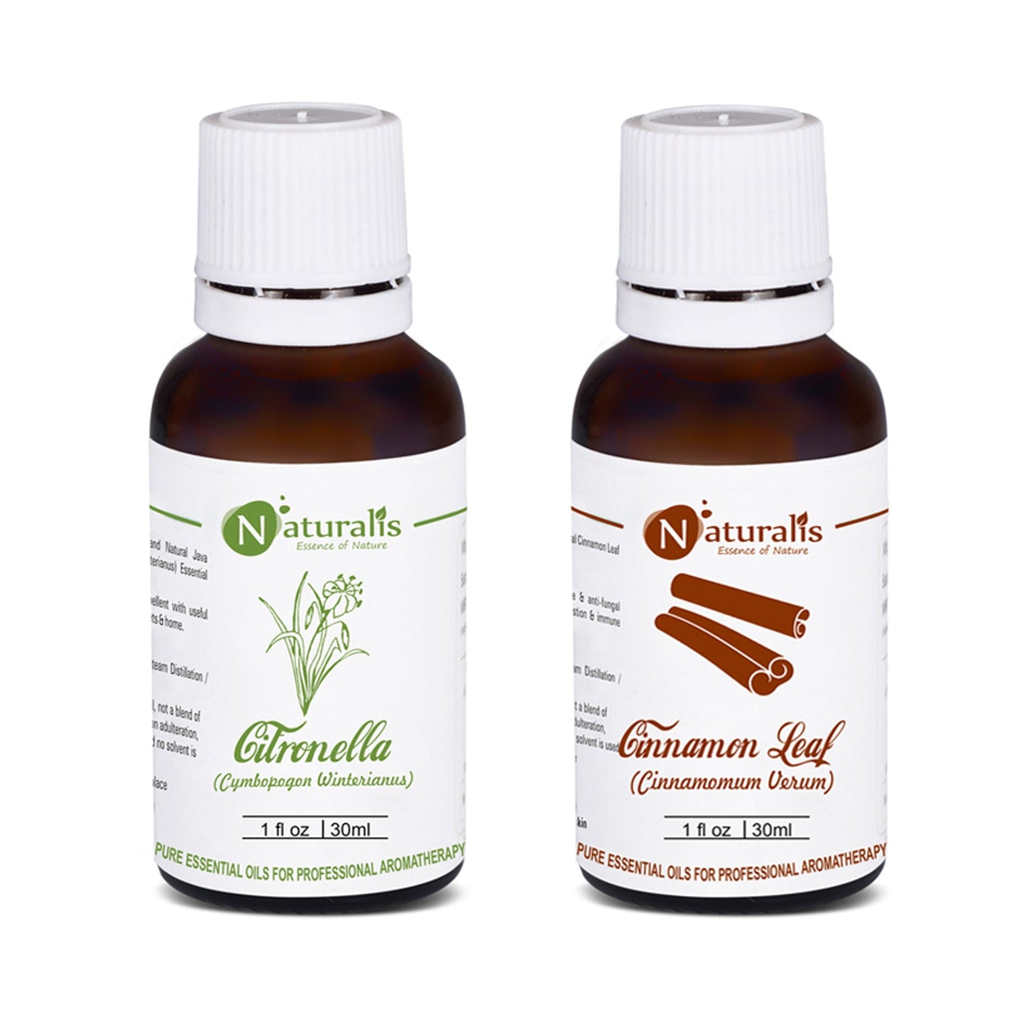 Naturalis Peppermint and Eucalyptus essential oil set of 2 — amber bottles with packaging