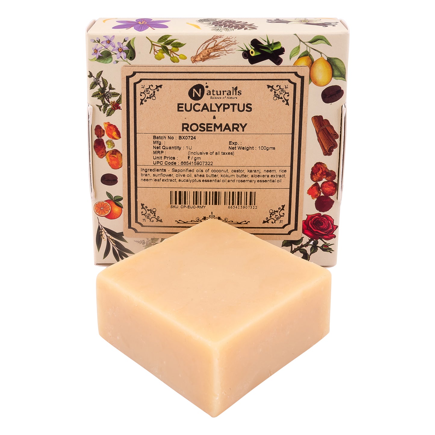 Hand-Milled Luxury Eucalyptus and Rosemary Solid Soap Bar, Made using century-old Cold Process Method - 100gms