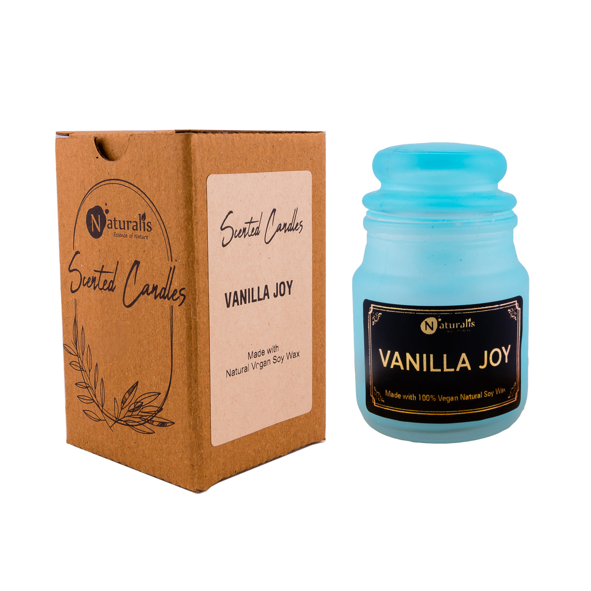 Naturalis Vanilla Joy scented soy wax candle in a glass jar
