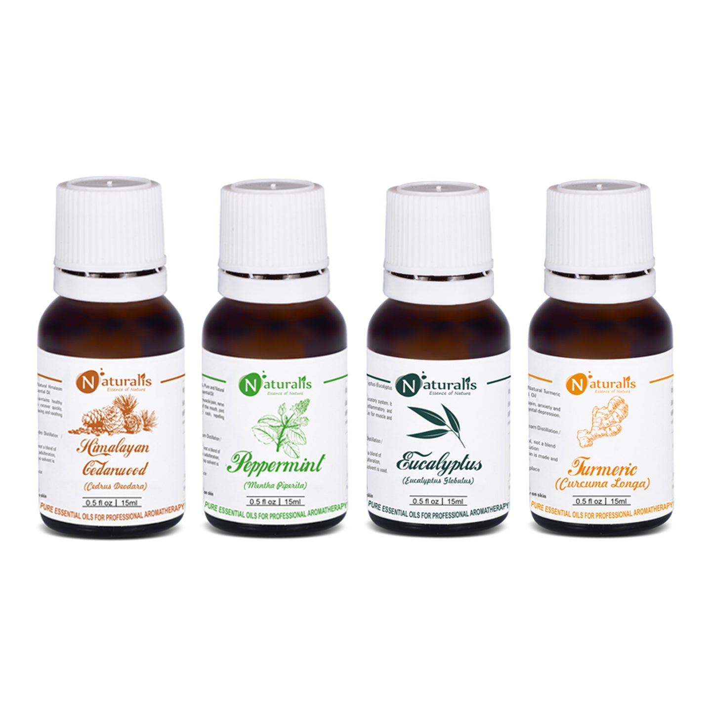 Naturalis 15ml Essential Oil Gift Pack Of 4 for Health Care (Cedarwood Oil, Peppermint Oil, Eucalyptus Oil, Turmeric Oil) - Naturalis