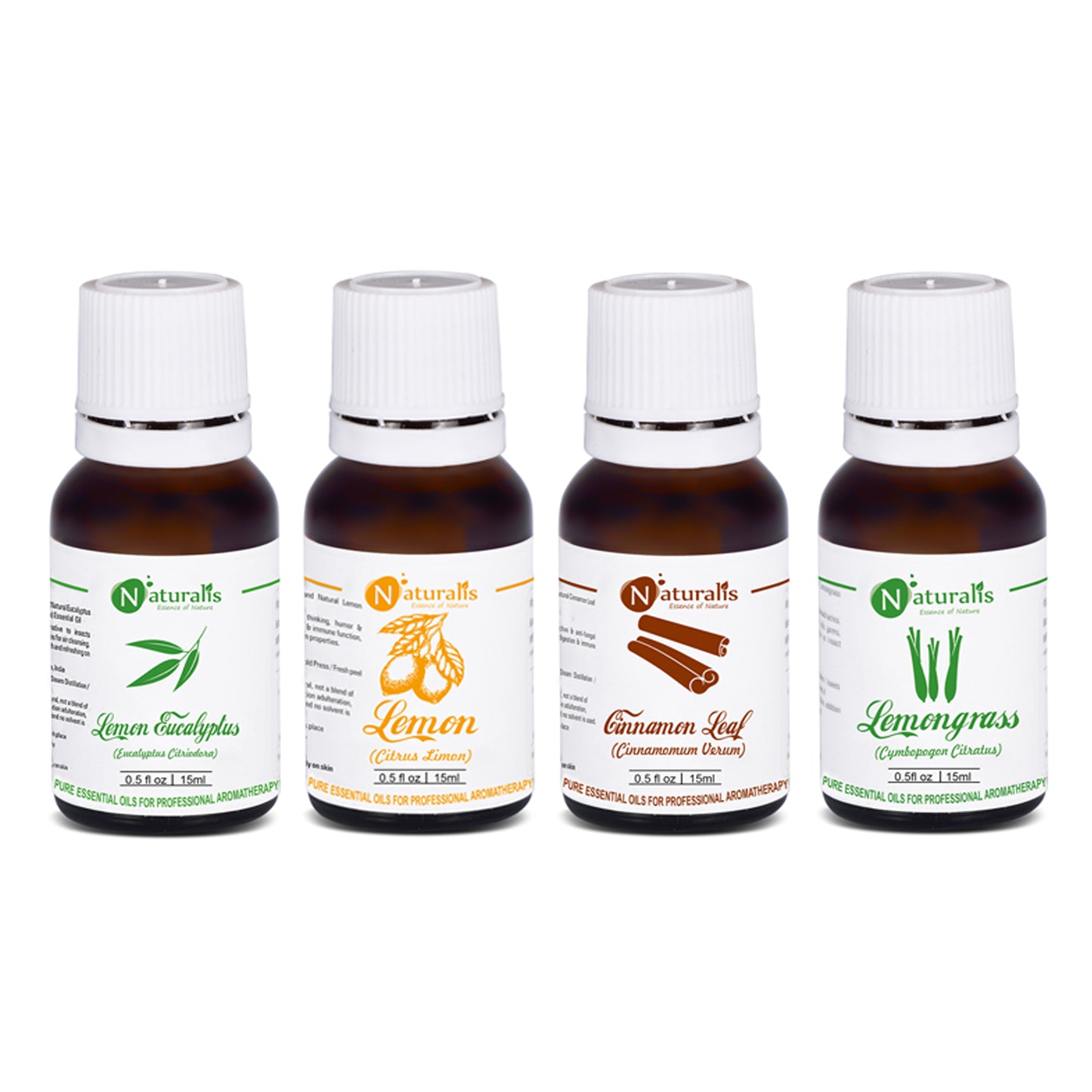Naturalis Essential Oil Gift Pack of 4 - Natural Insects Repellent - 15ml (Lemon Eucalyptus Oil, Lemon Oil, Cinnamon Leaf Oil, Lemongrass Oil) - Naturalis
