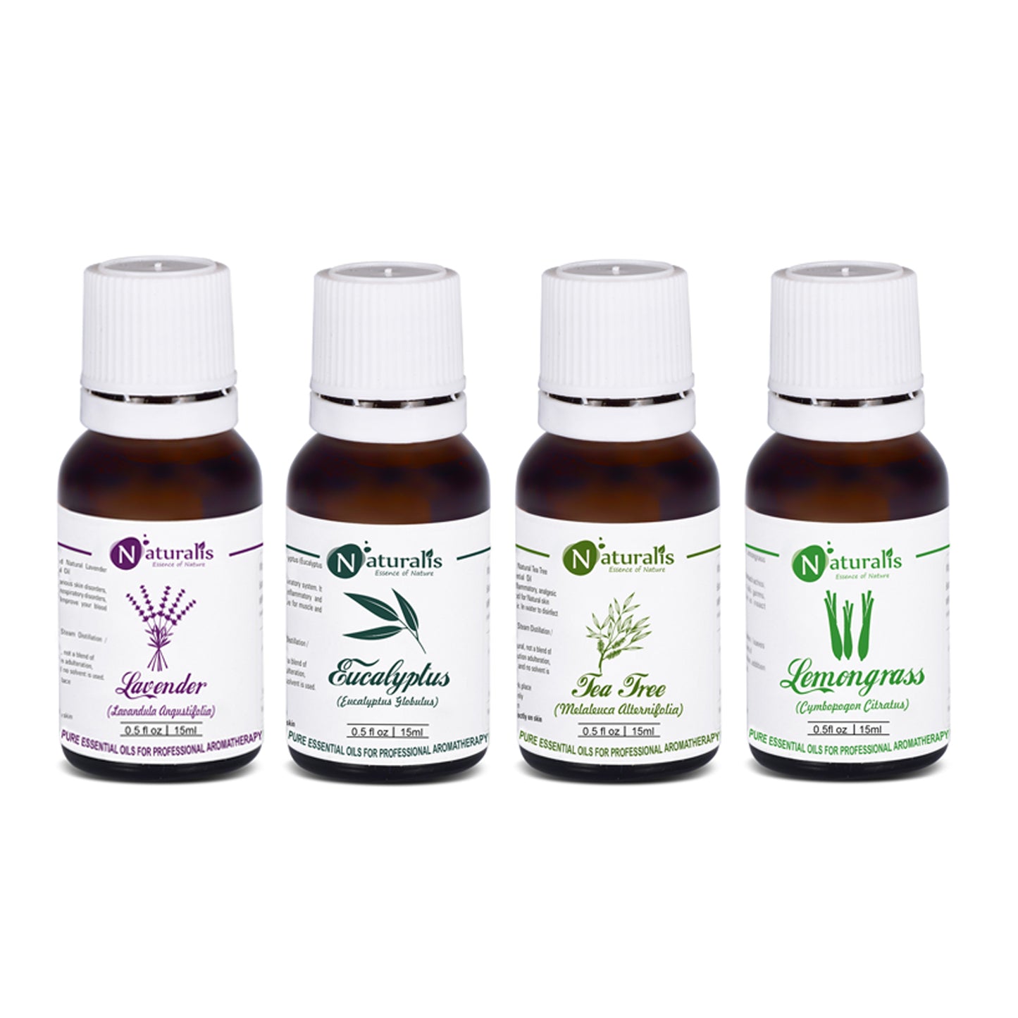 Multipurpose Essential Oil Set of 4 (Lavender Oil, Eucalyptus Oil, Tea Tree Oil, Lemongrass Oil) - Pure & Natural - Naturalis