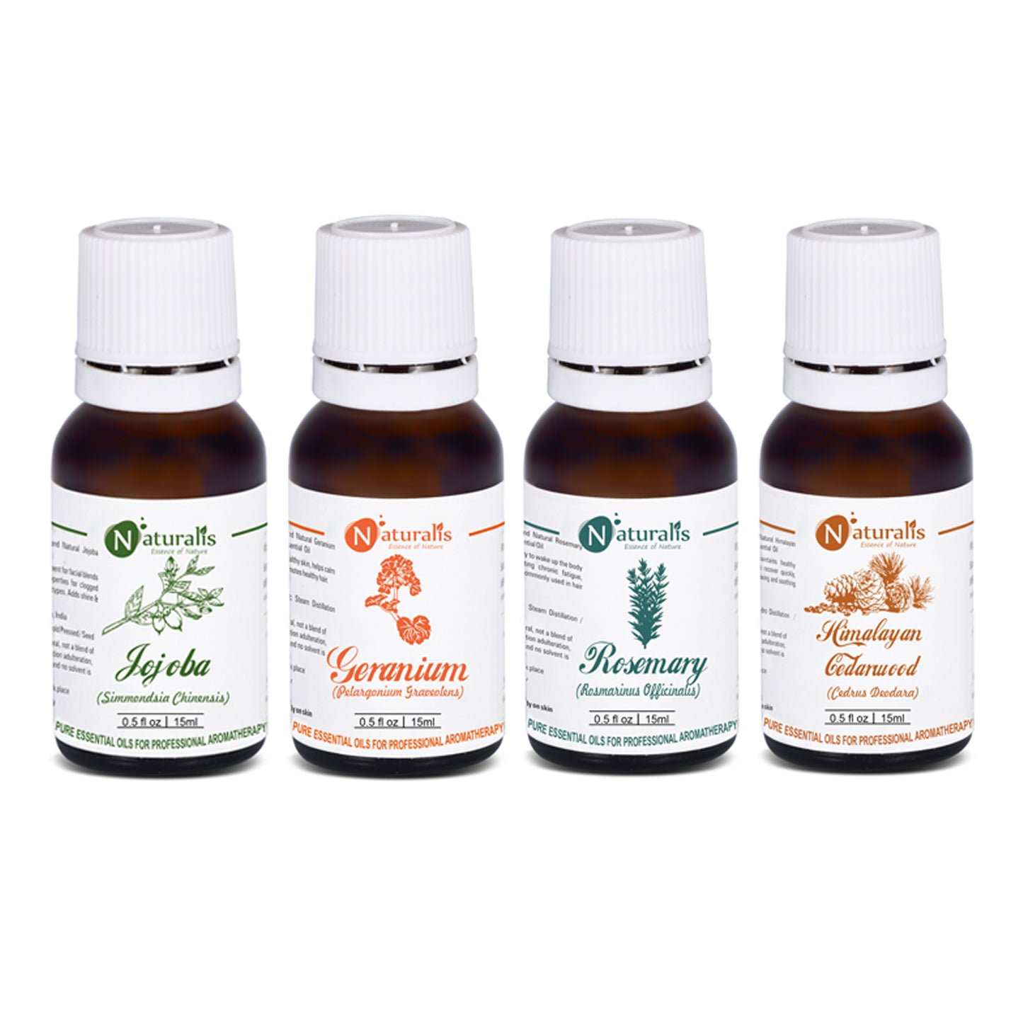 Naturalis 15ml Essential Oil Gift Pack Of 4 Multipurpose (Jojoba Oil, Geranium Oil, RosemaryOil, Cedarwood Oil) - Naturalis