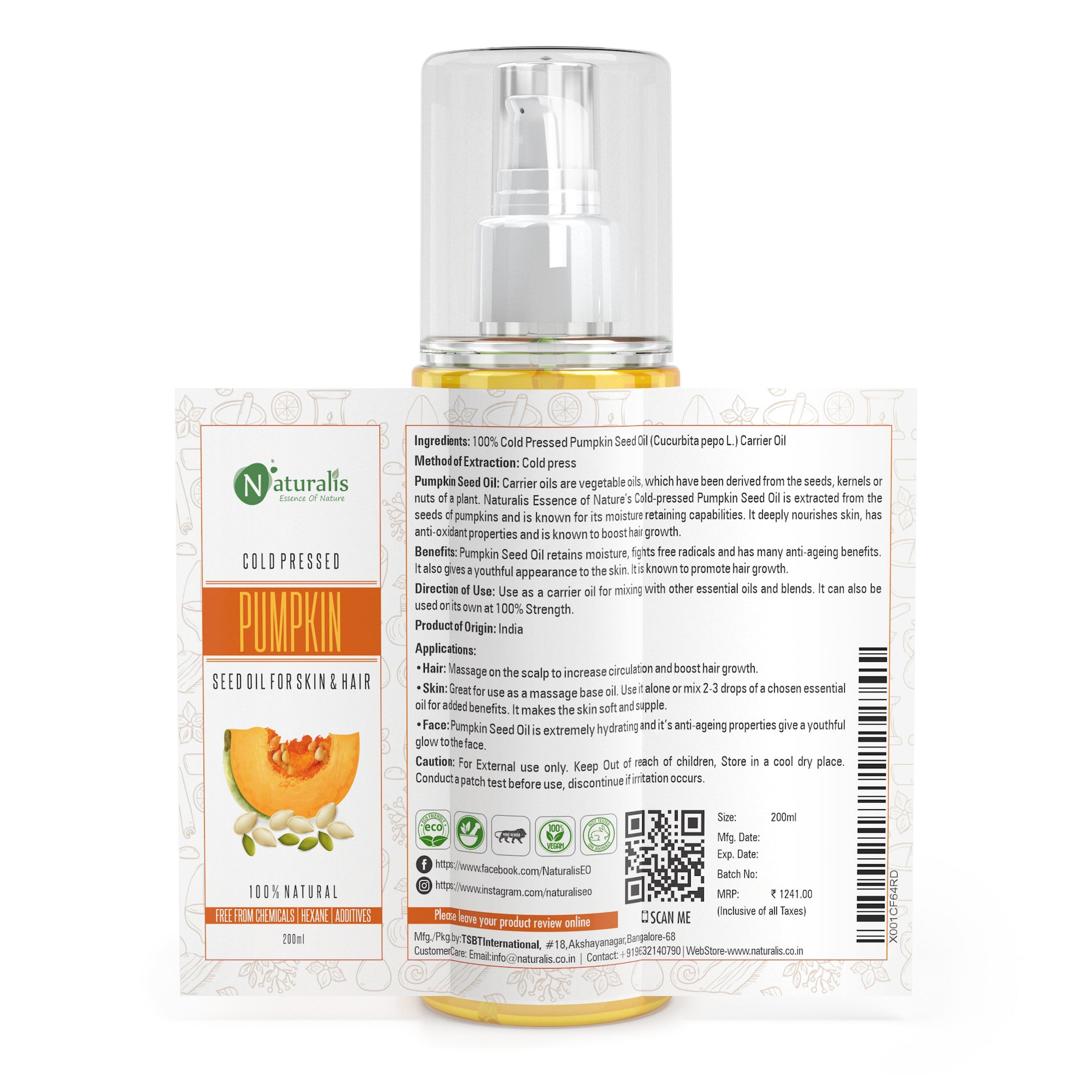 Cold Pressed Pumpkin Seed Carrier Oil for Hair and Skin, 200ml - Naturalis