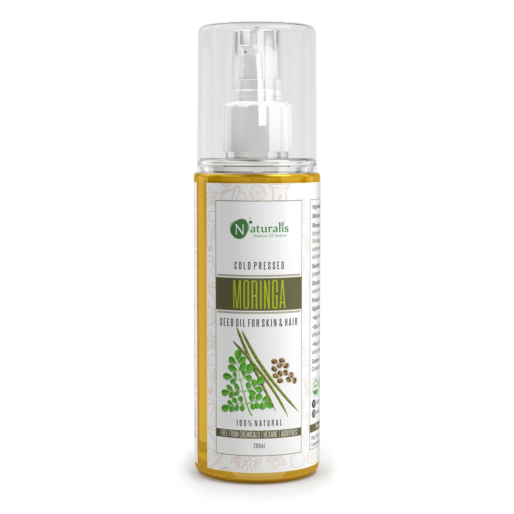 Moringa Cold Pressed Carrier Oil for For Hair, Skin & Anti-Ageing Face Care, 200ml - Naturalis