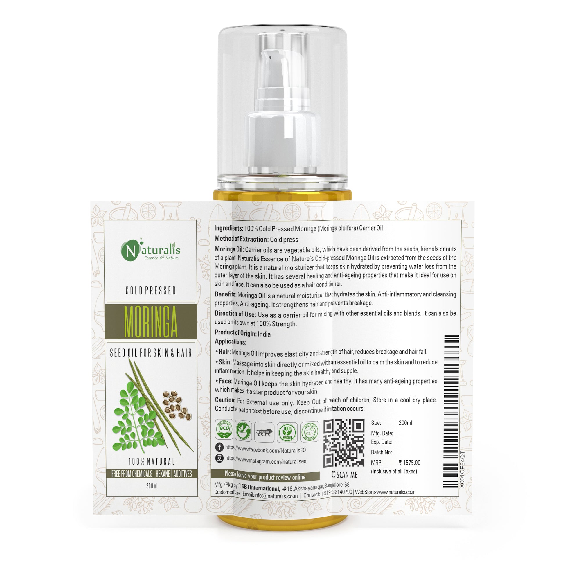 Moringa Cold Pressed Carrier Oil for For Hair, Skin & Anti-Ageing Face Care, 200ml - Naturalis