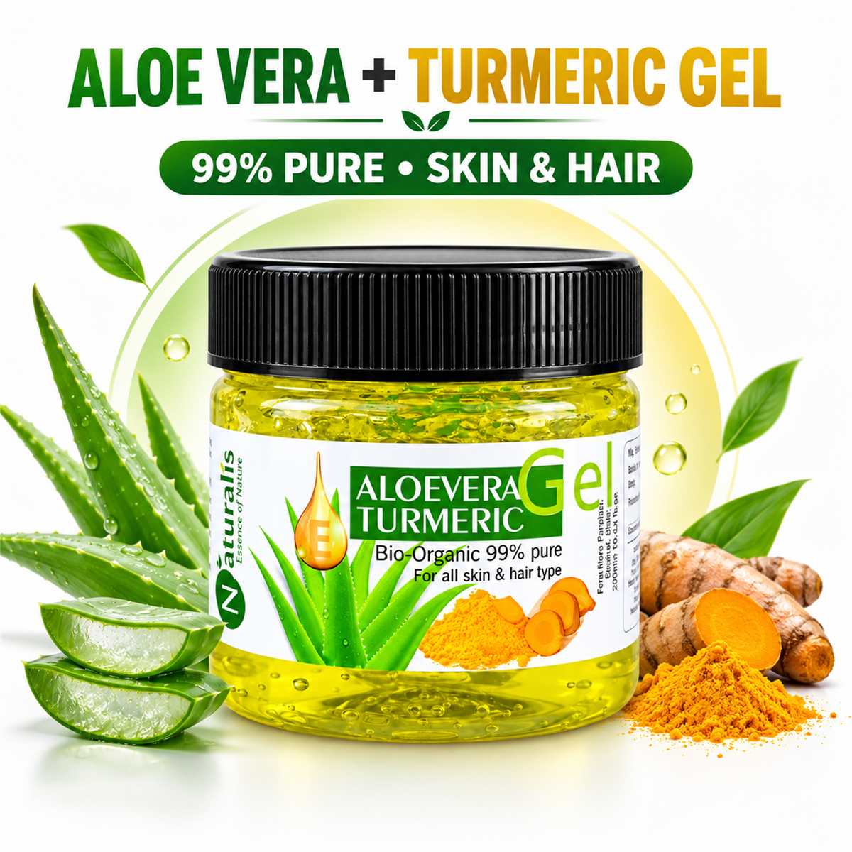 Naturalis Aloe Vera Turmeric Gel 99 percent pure for skin and hair infographic