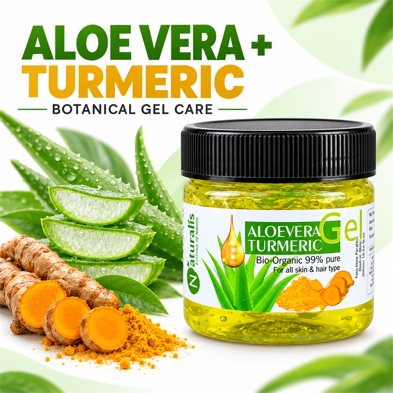 Naturalis Aloe Vera and Turmeric botanical gel ingredients infographic