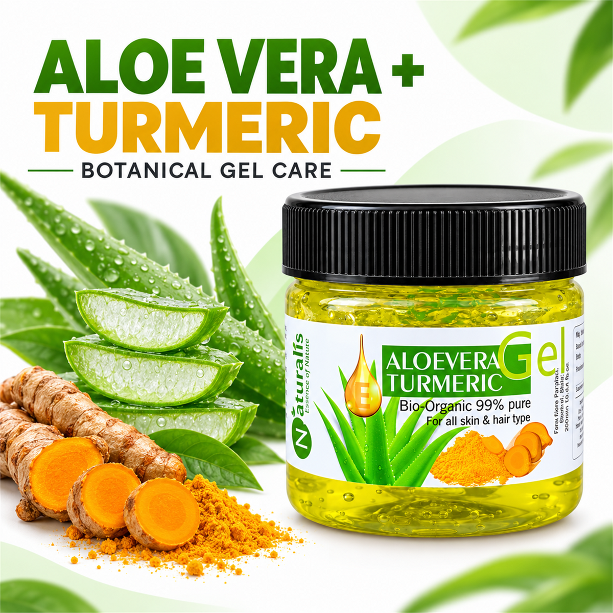 Naturalis Aloe Vera and Turmeric botanical gel ingredients infographic