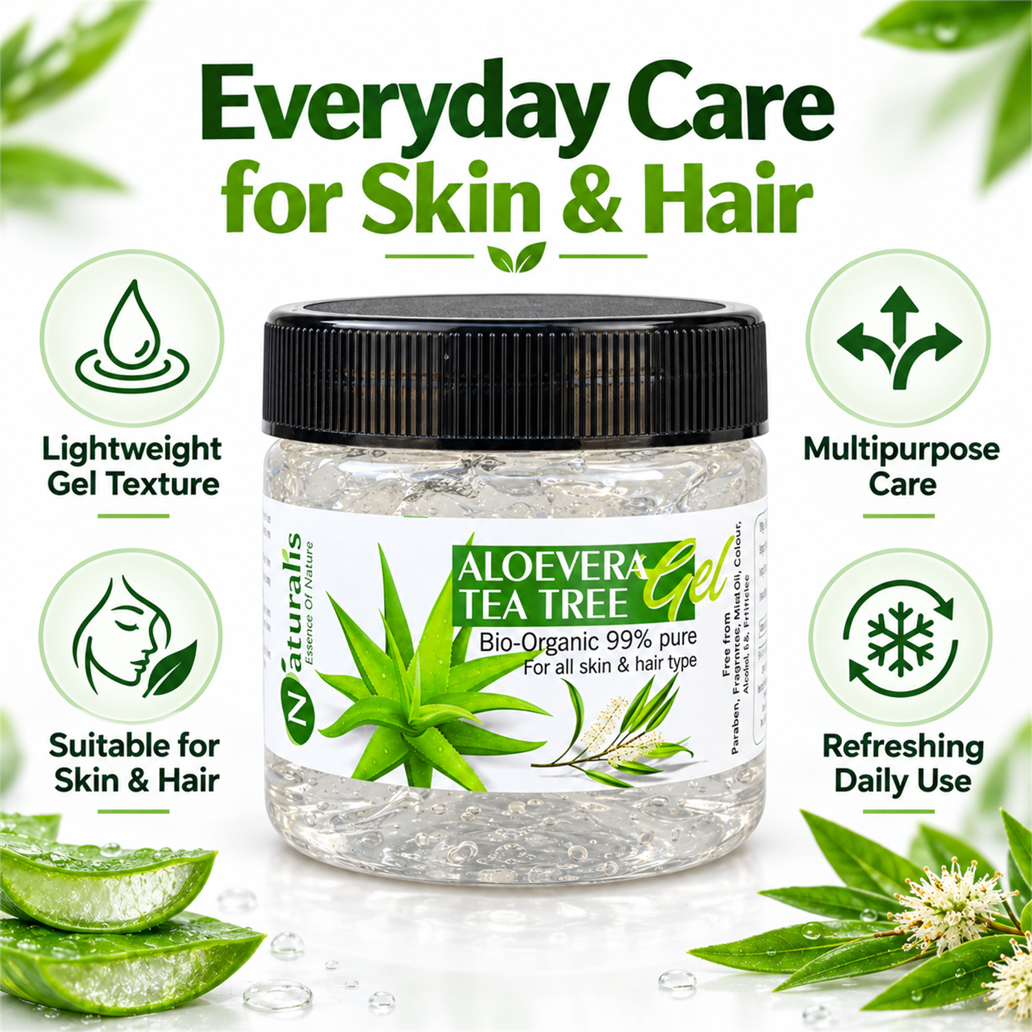 Naturalis Aloe Vera Tea Tree Gel everyday skin and hair care features