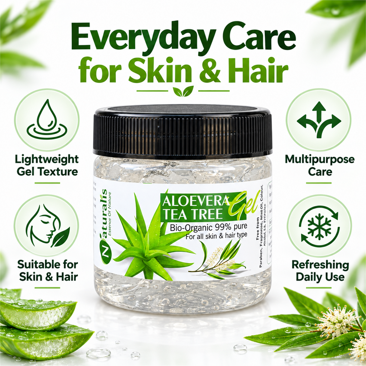 Naturalis Aloe Vera Tea Tree Gel everyday skin and hair care features