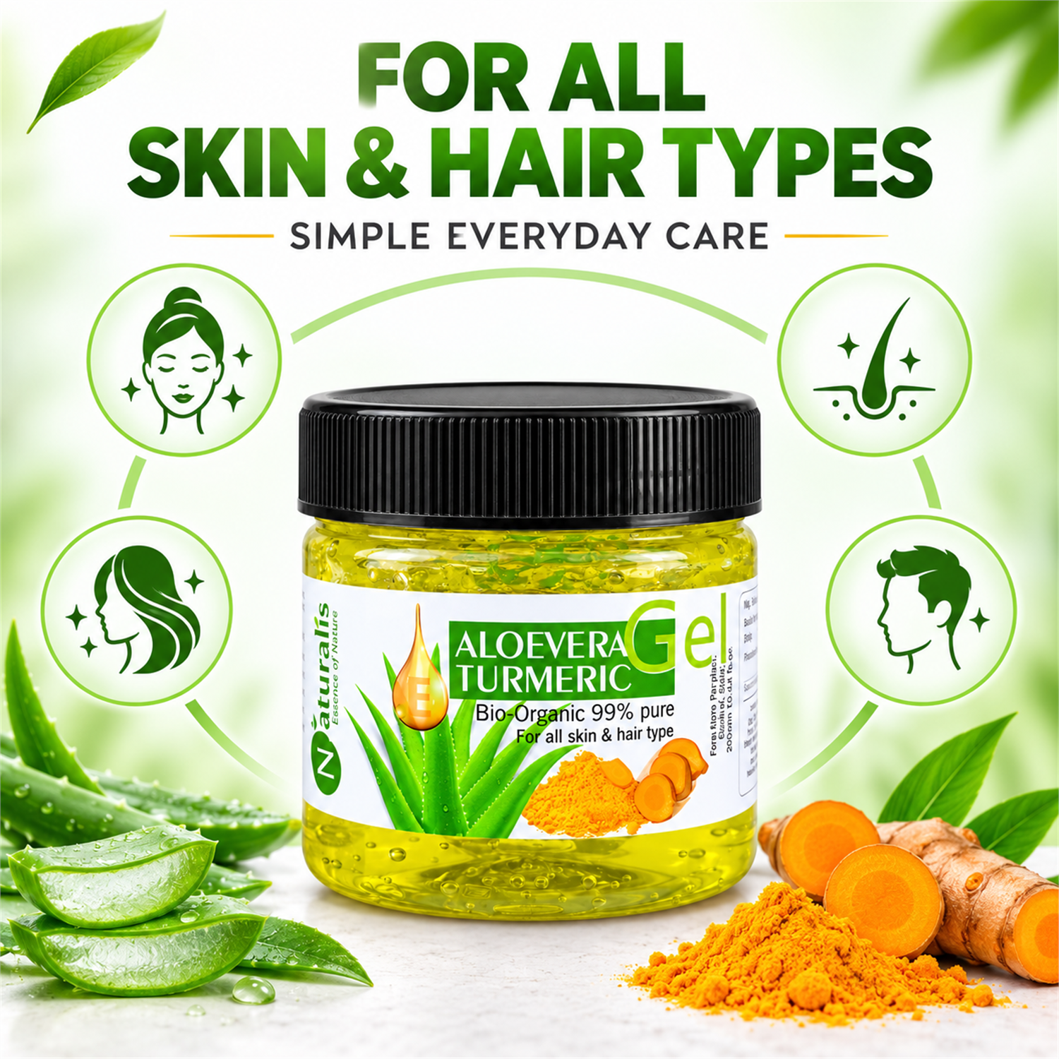 Naturalis Aloe Vera Turmeric Gel for all skin and hair types infographic