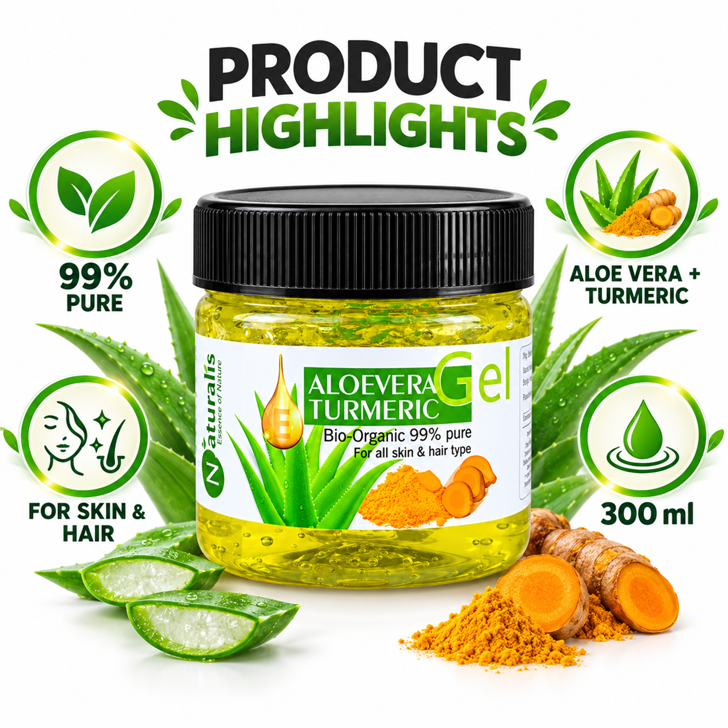 Naturalis Aloe Vera Turmeric Gel product highlights 300g infographic