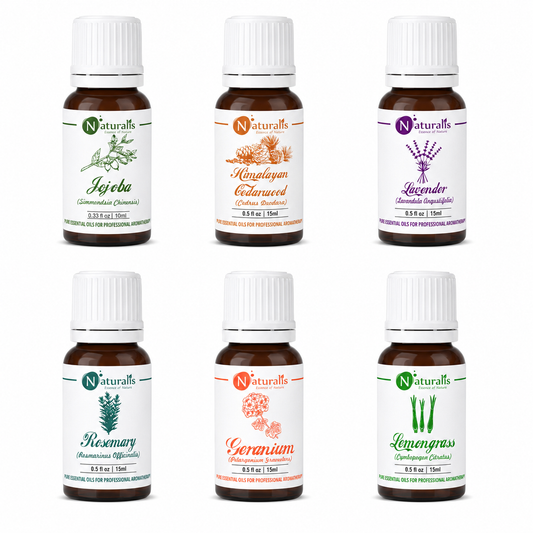 Naturalis Hair Care Essential Oil Set of 6, 15ml — Jojoba, Cedarwood, Lavender, Rosemary, Geranium & Lemongrass main product image