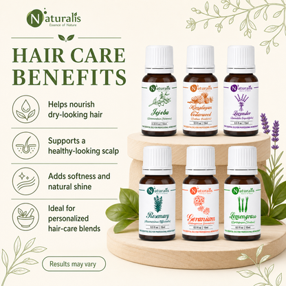Naturalis 15GP1 hair care essential oil set benefits infographic