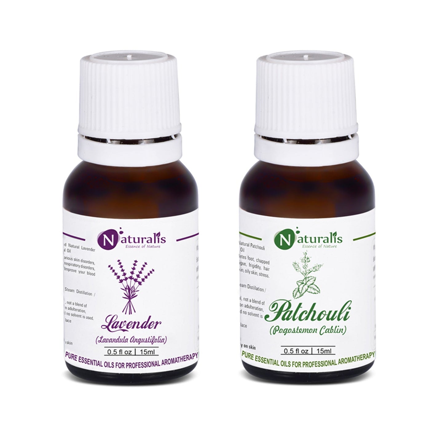 Naturalis Lavender and Patchouli essential oil set with product packaging
