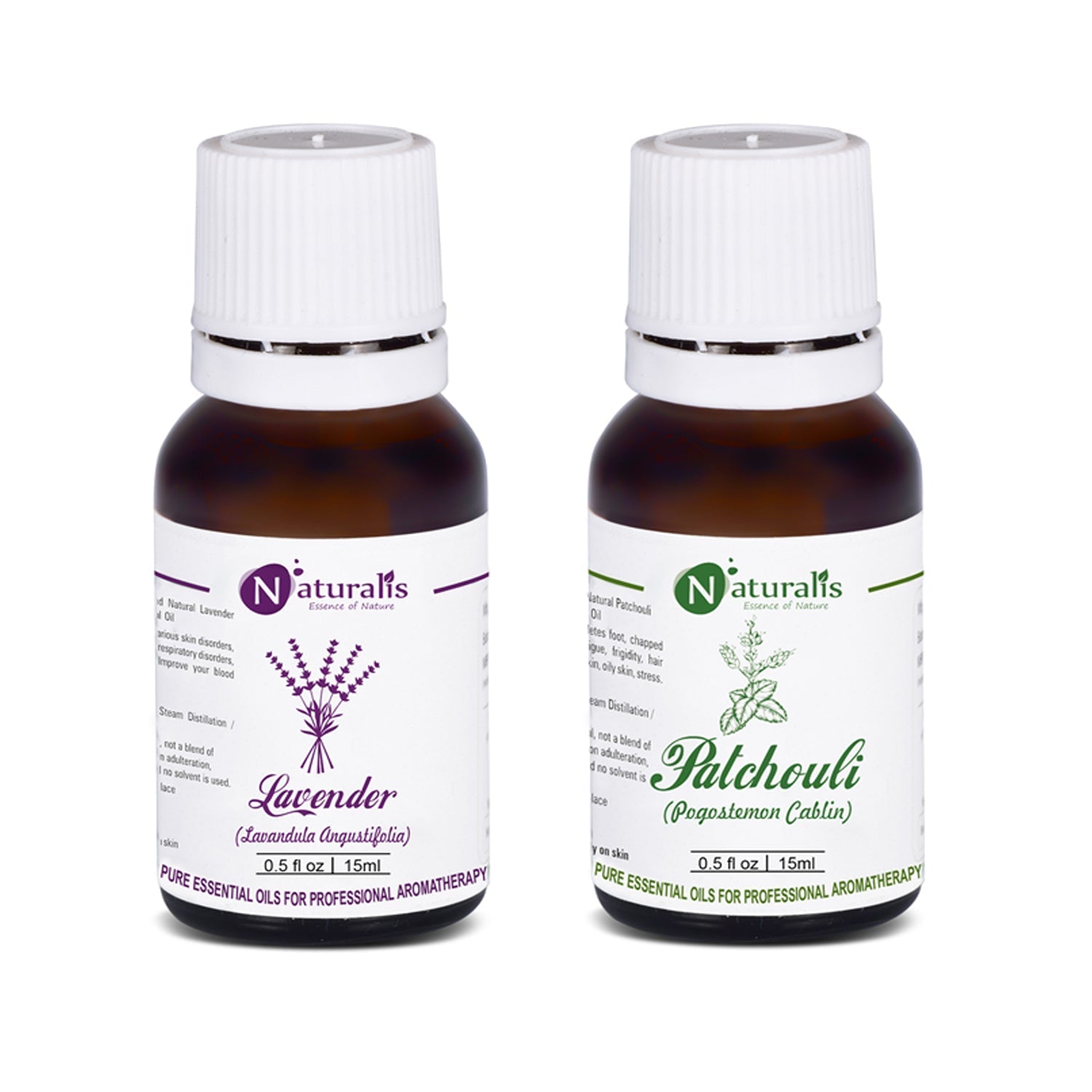 Naturalis Lavender and Patchouli essential oil set with product packaging