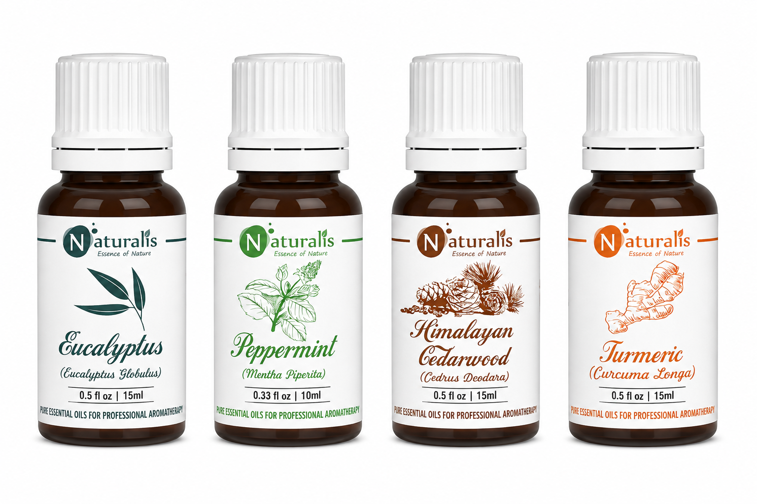 Naturalis Health Care Essential Oil Set of 4, 15ml — Cedarwood, Peppermint, Eucalyptus & Turmeric main product image