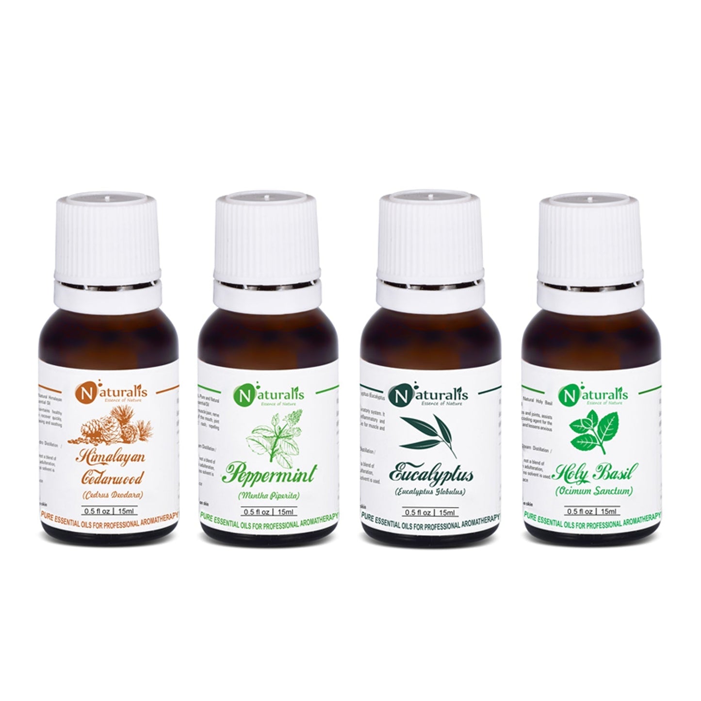 Naturalis Health Care Essential Oil Set of 4, 15ml — Cedarwood, Peppermint, Eucalyptus and Holy Basil