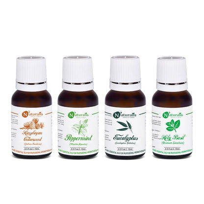 Naturalis Health Care Essential Oil Set of 4, 15ml — Cedarwood, Peppermint, Eucalyptus and Holy Basil