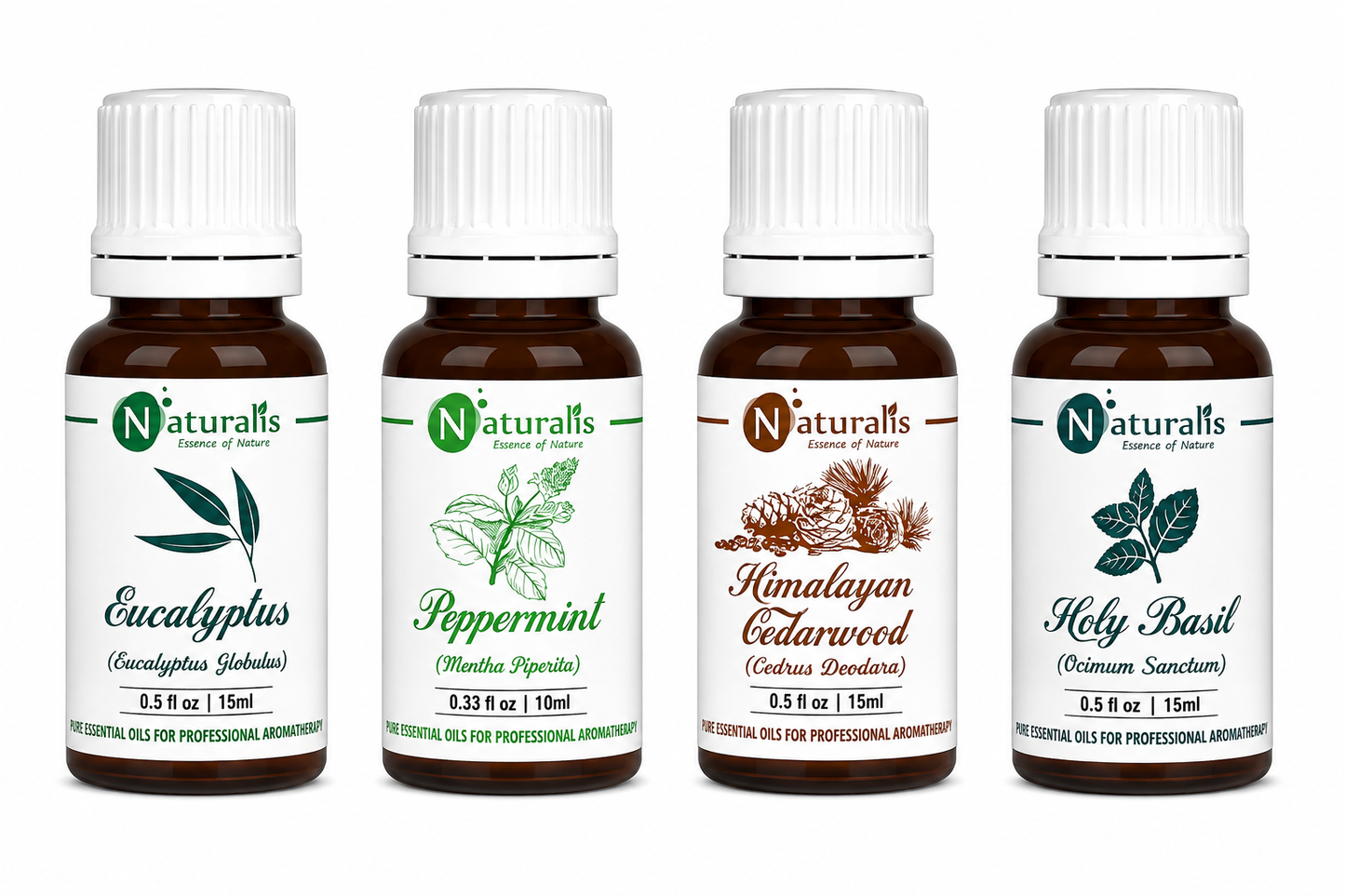 Naturalis Health Care Essential Oil Set of 4, 15ml — Cedarwood, Peppermint, Eucalyptus & Holy Basil main product image