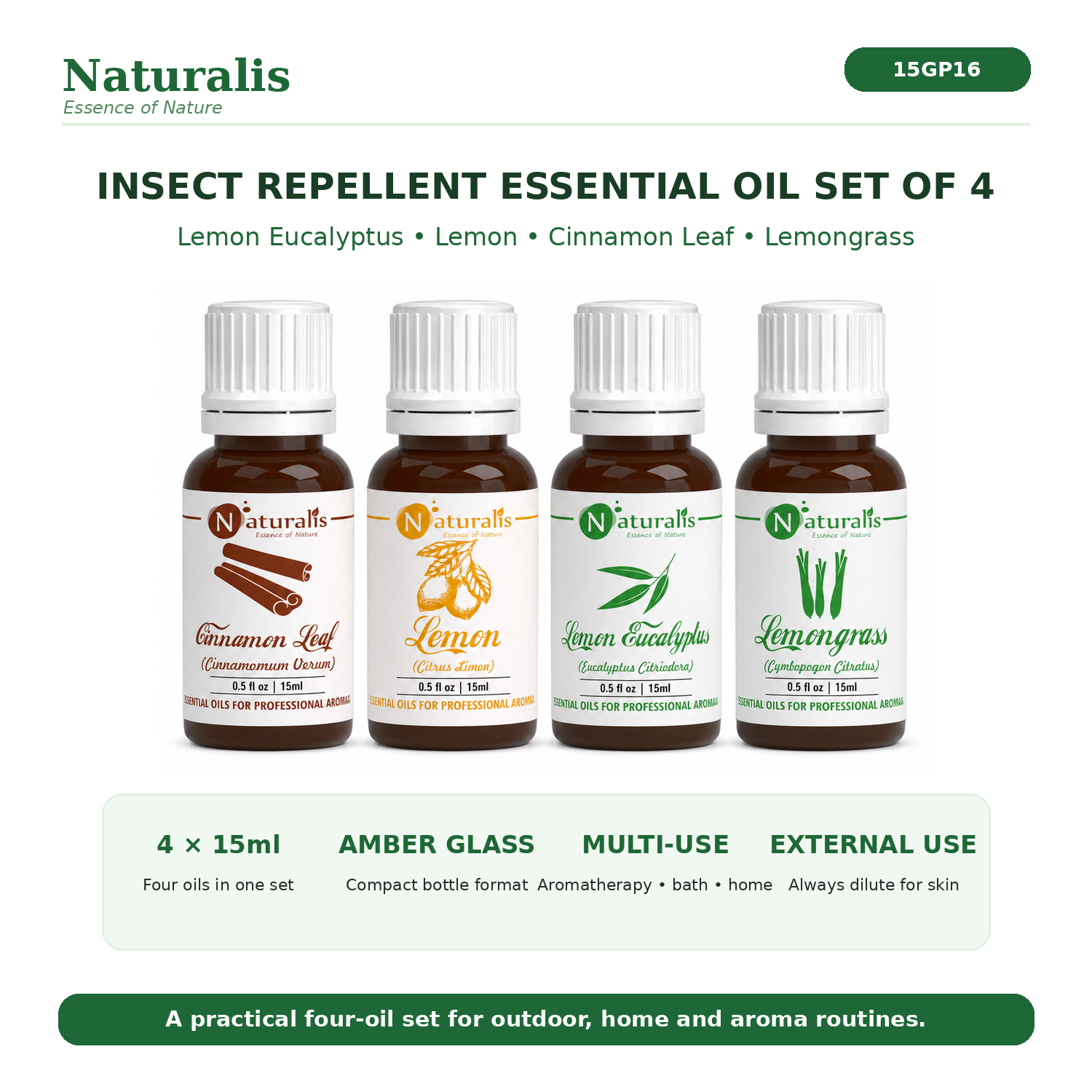 Naturalis 15GP16 essential oil set overview — Lemon Eucalyptus, Lemon, Cinnamon Leaf and Lemongrass