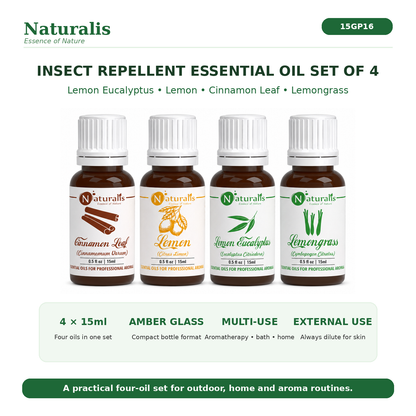Naturalis 15GP16 essential oil set overview — Lemon Eucalyptus, Lemon, Cinnamon Leaf and Lemongrass