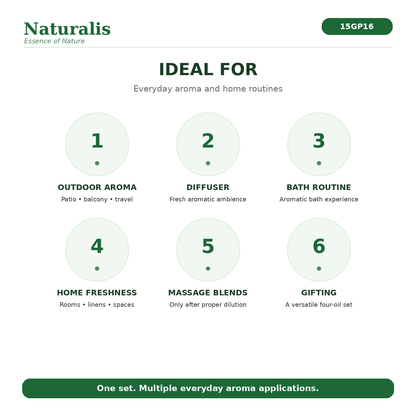 Naturalis 15GP16 essential oil set ideal uses infographic