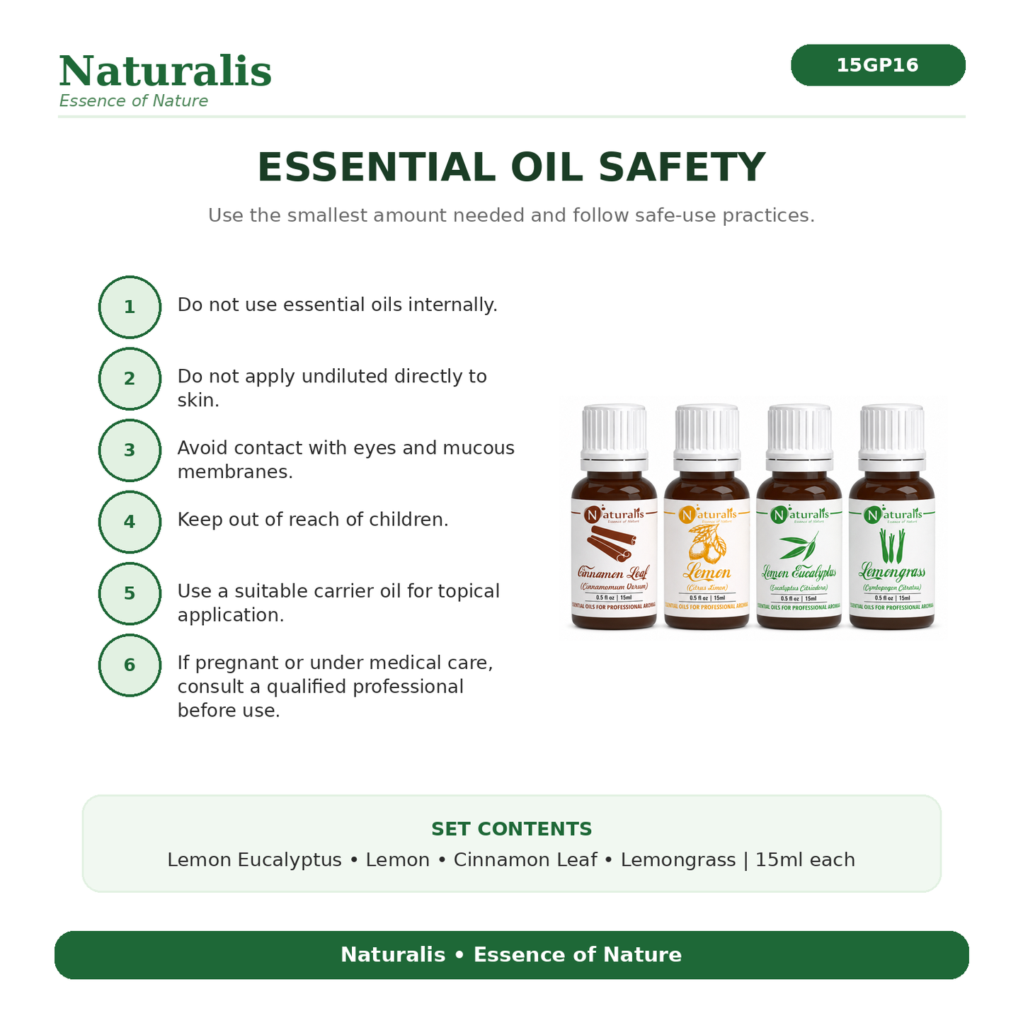 Naturalis 15GP16 essential oil set safety infographic