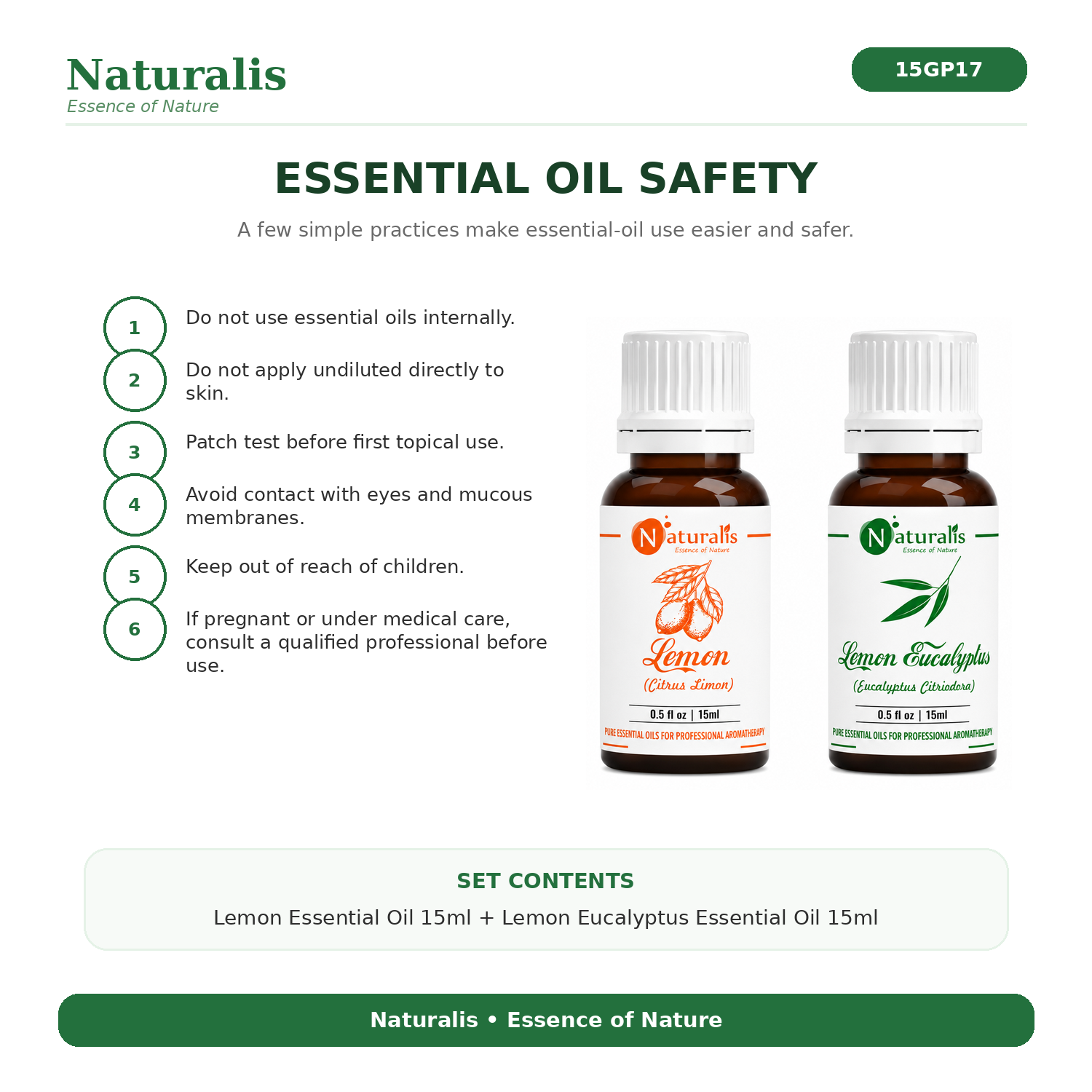 Naturalis 15GP17 Lemon and Lemon Eucalyptus essential oil safety infographic