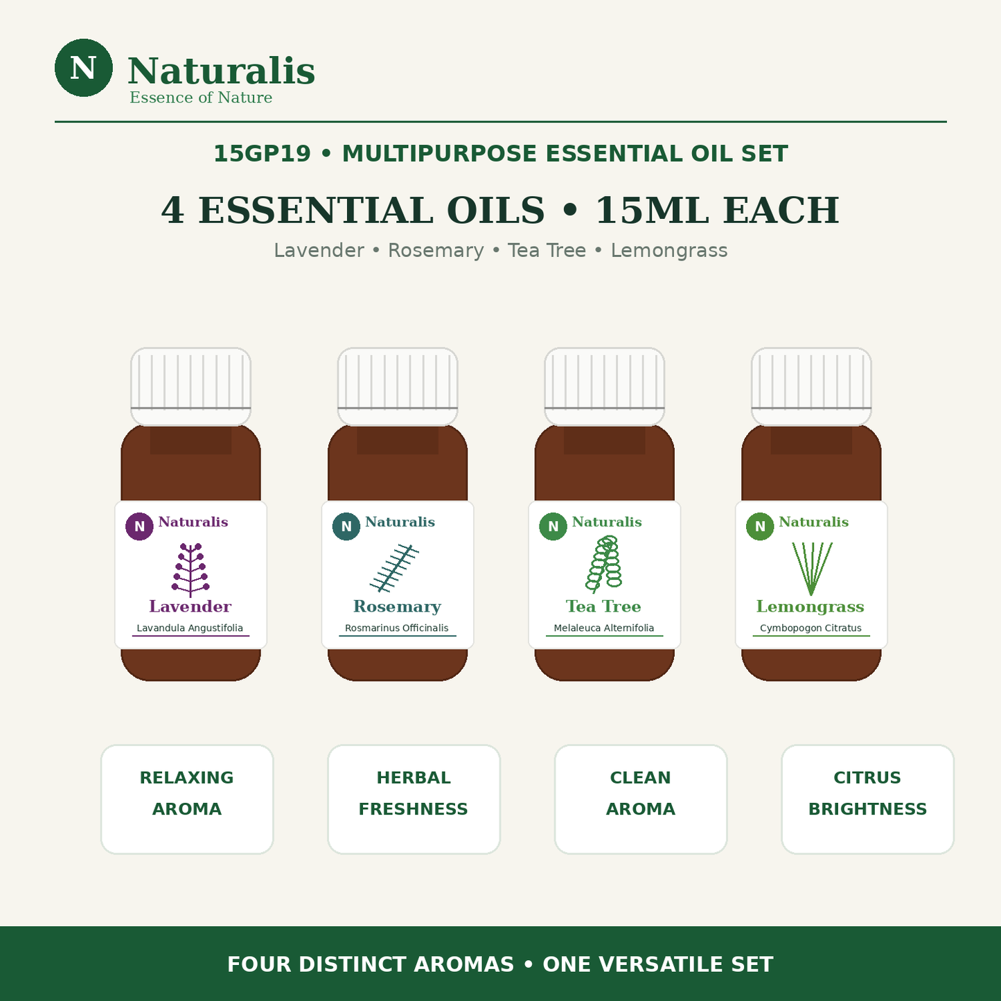 Naturalis 15GP19 multipurpose essential oil set overview with Lavender, Rosemary, Tea Tree and Lemongrass, 15ml each