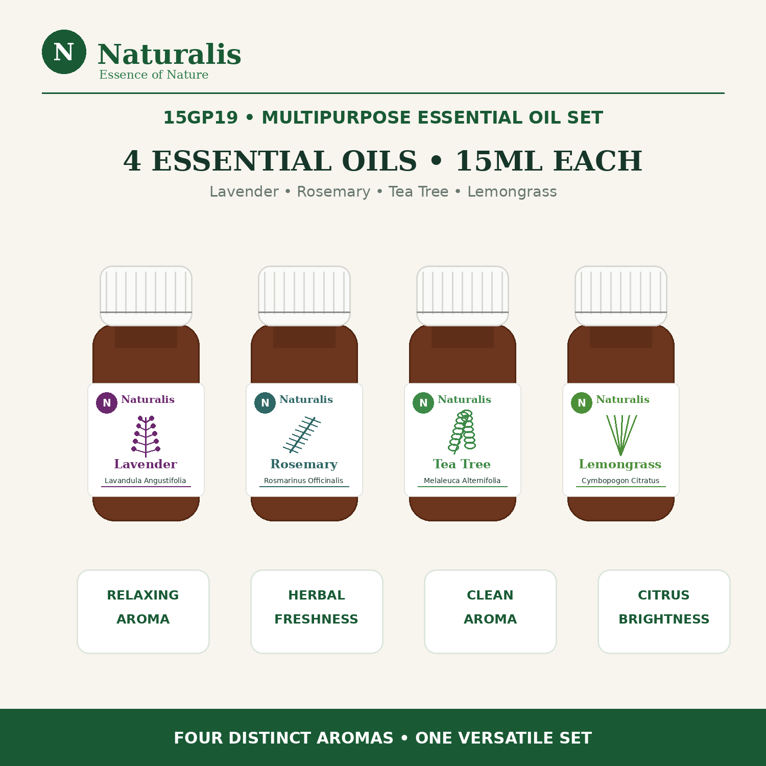 Naturalis 15GP19 multipurpose essential oil set overview with Lavender, Rosemary, Tea Tree and Lemongrass, 15ml each