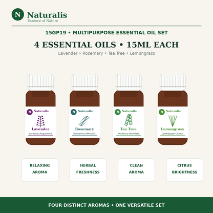 Naturalis 15GP19 multipurpose essential oil set overview with Lavender, Rosemary, Tea Tree and Lemongrass, 15ml each