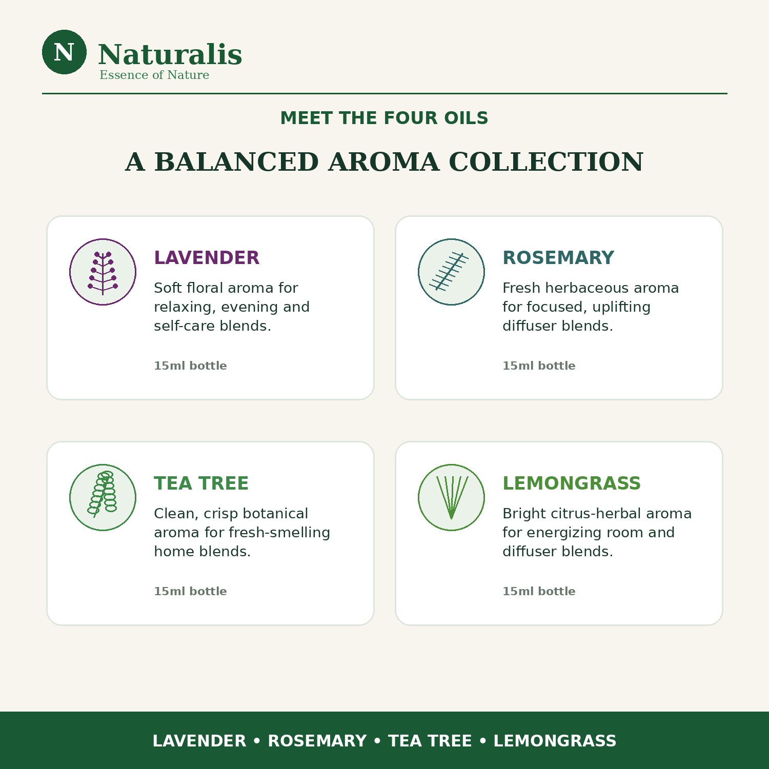 Naturalis 15GP19 essential oil infographic introducing Lavender, Rosemary, Tea Tree and Lemongrass oils