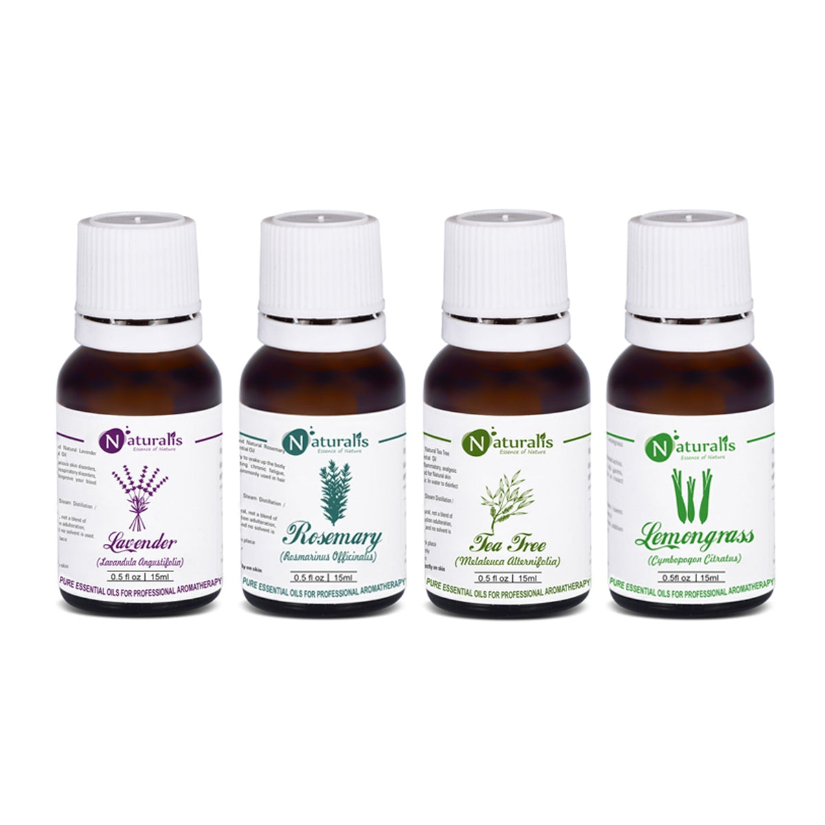 Naturalis Multipurpose Essential Oil Set of 4, 15ml — Lavender, Rosemary, Tea Tree and Lemongrass