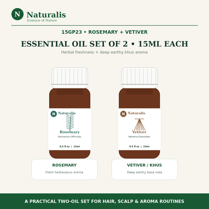 Naturalis 15GP23 Rosemary and Vetiver essential oil set overview, 15ml each