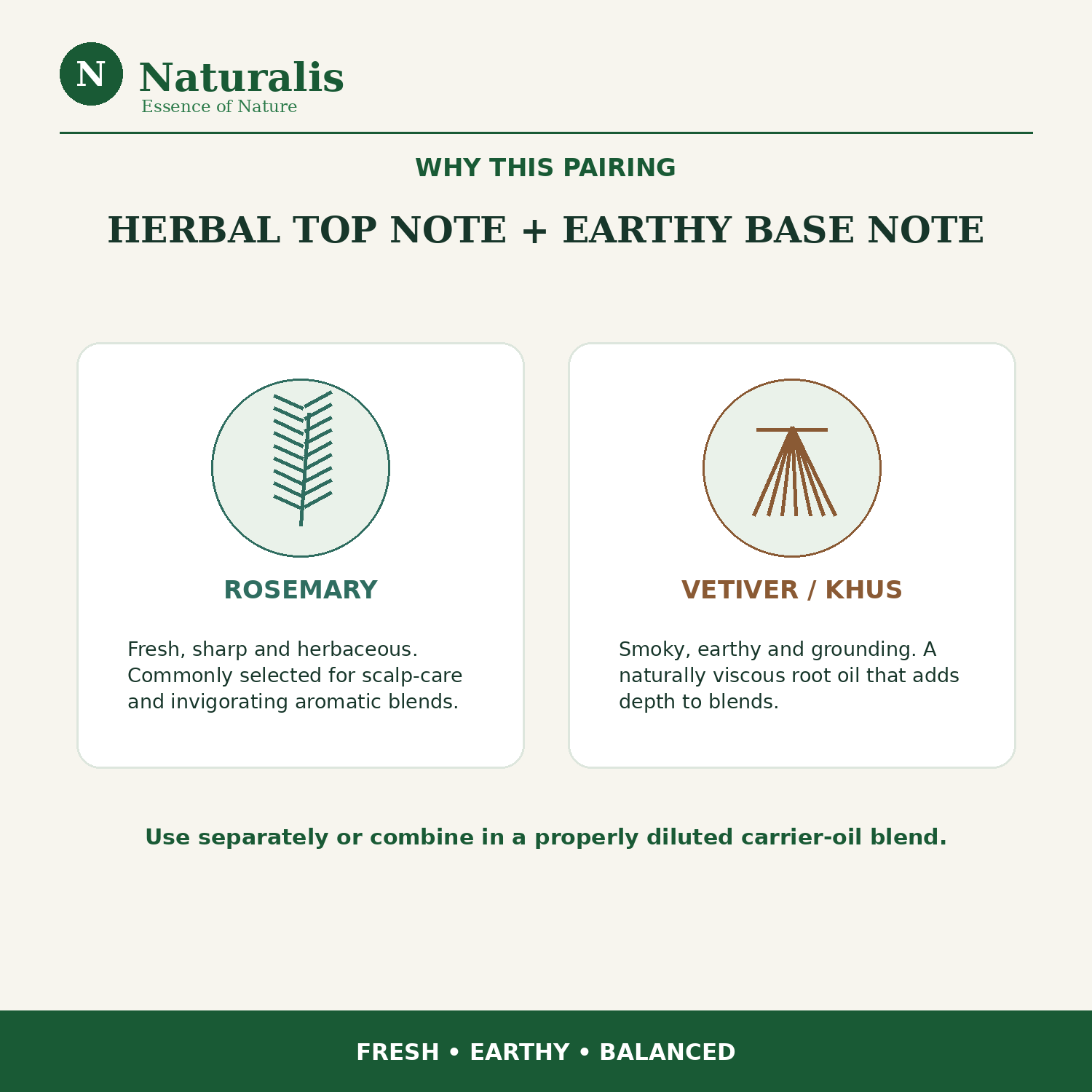 Naturalis 15GP23 Rosemary and Vetiver essential oil pairing infographic