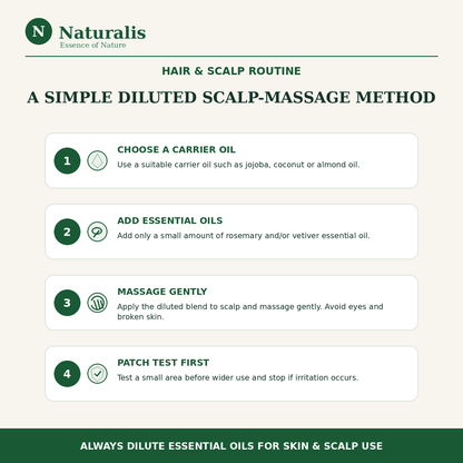 Naturalis 15GP23 Rosemary and Vetiver diluted hair and scalp routine infographic