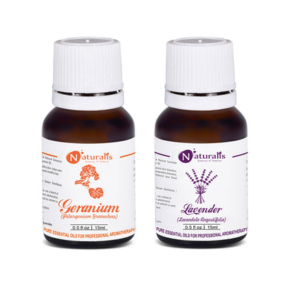 Naturalis Lavender and Geranium Essential Oil Set of 2, 15ml for skin care and balance