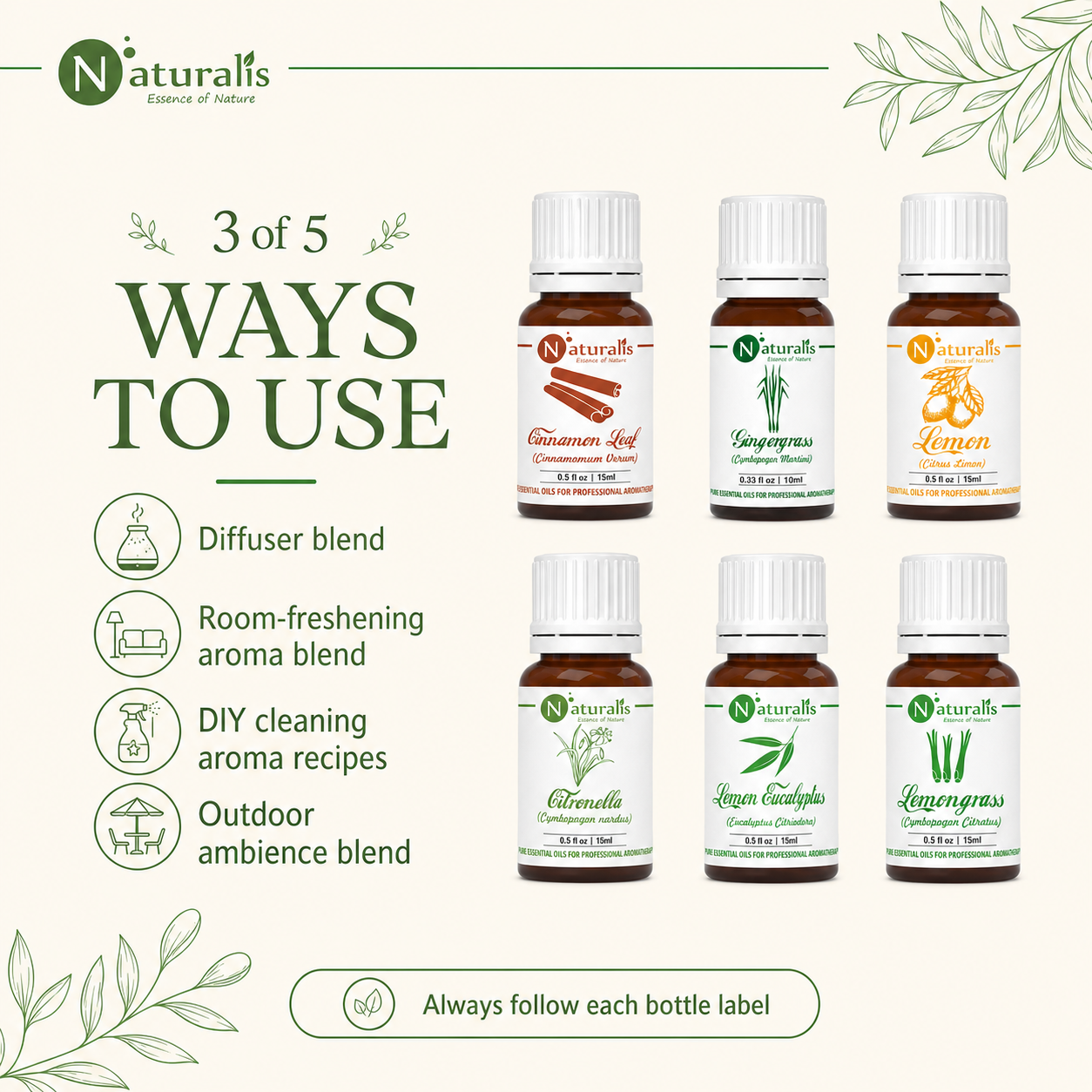 Naturalis 15GP4 essential oil set ways to use infographic