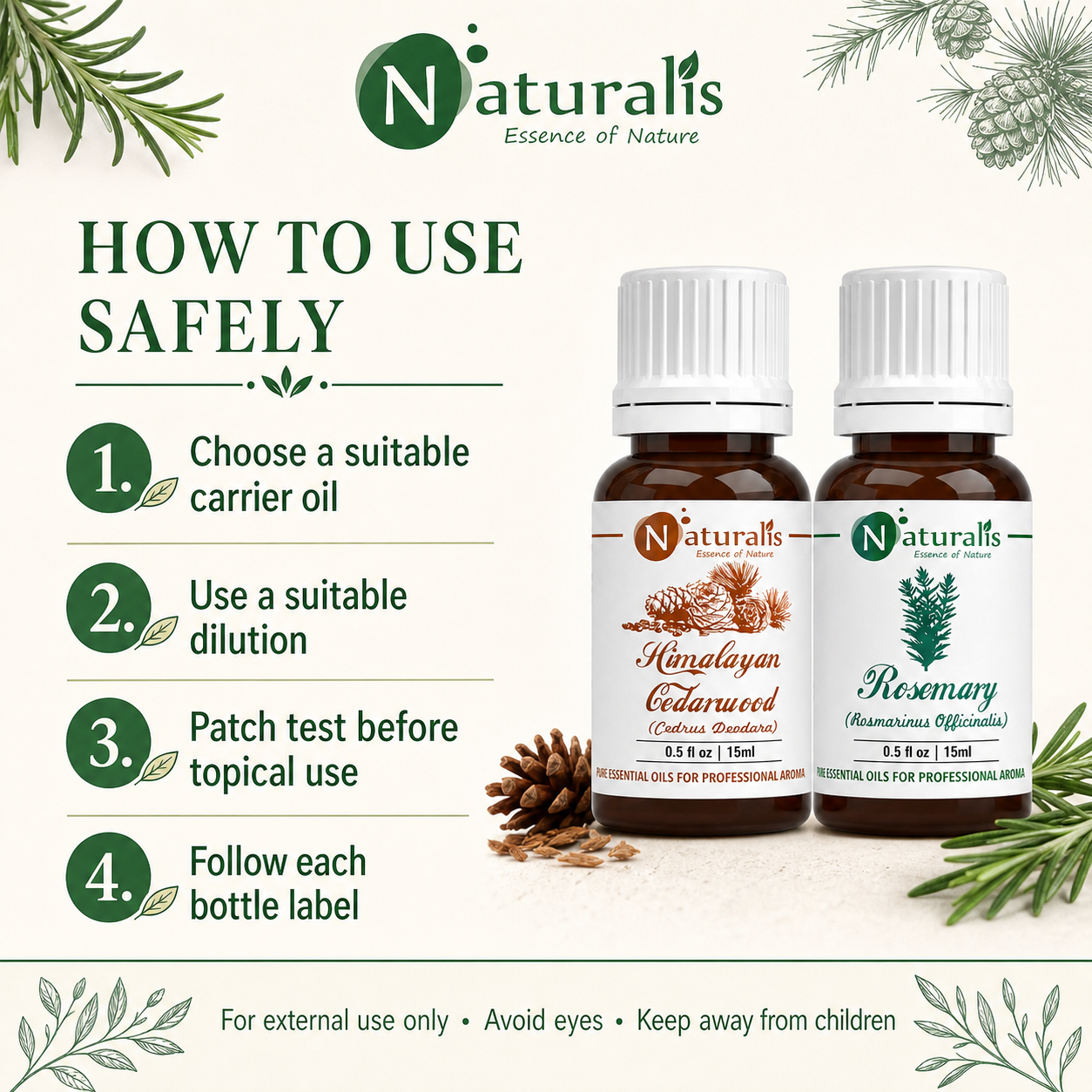 Naturalis 15GP7 essential oil set safe use infographic