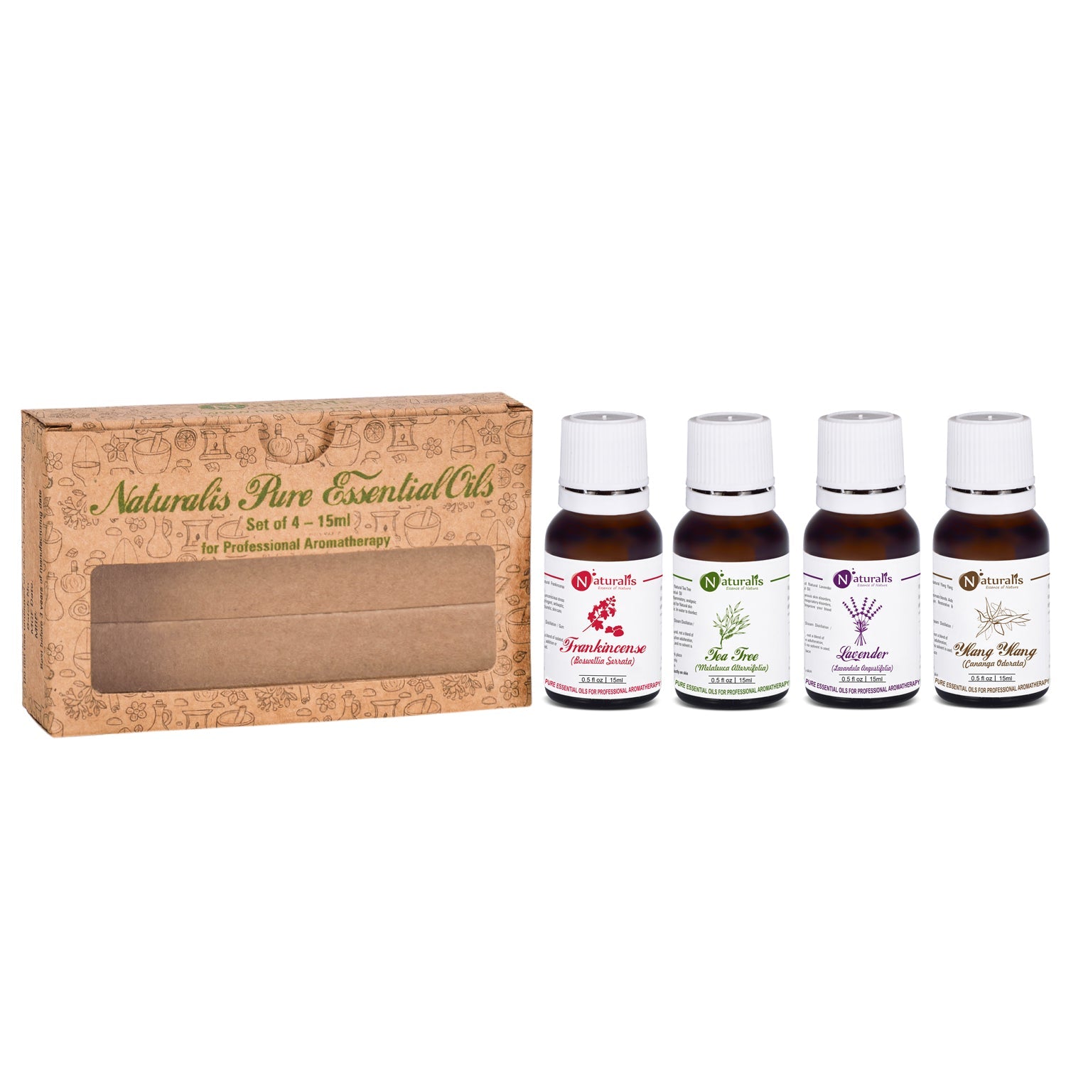 Naturalis Skin Care Essential Oil Set of 4, 15ml — Frankincense, Tea Tree, Lavender and Ylang Ylang
