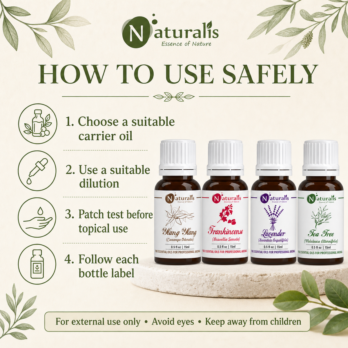 Naturalis 15GP8 essential oil set safe use infographic