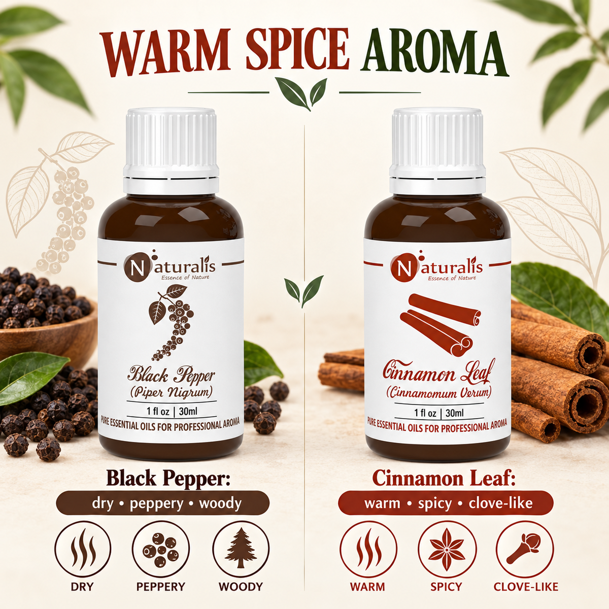 Cinnamon Leaf and Black Pepper Essential Oil Set – warm spice aroma