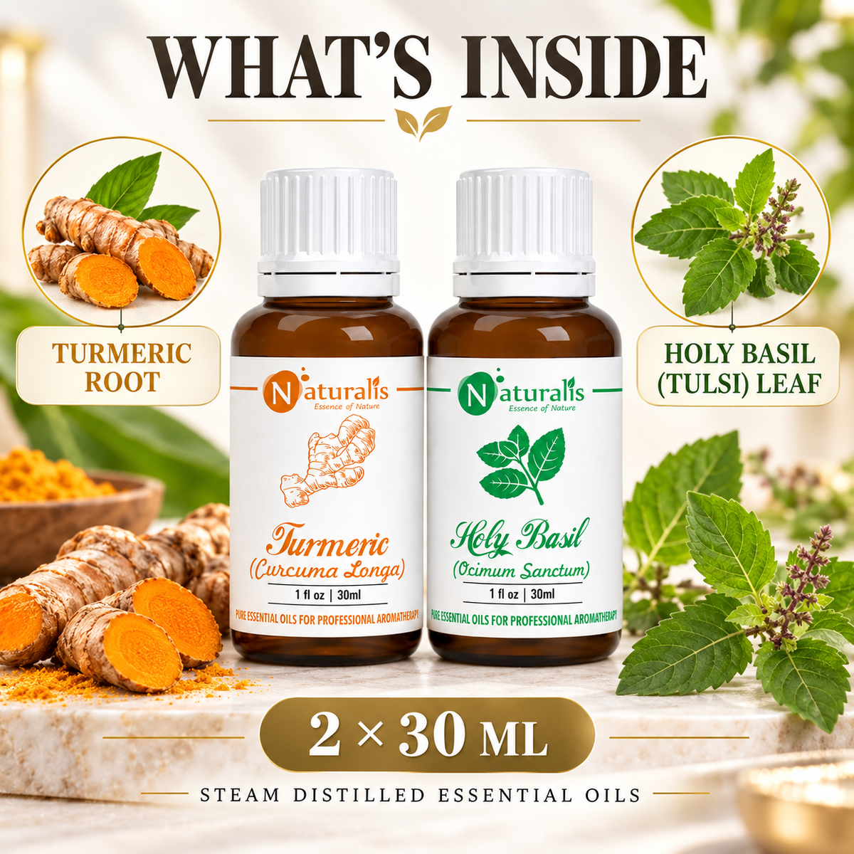 Naturalis 30GP11 Turmeric and Holy Basil essential oil set infographic 1
