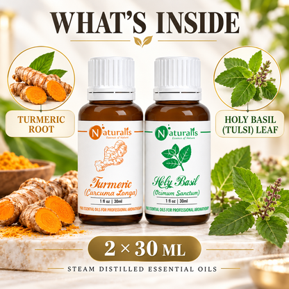 Naturalis 30GP11 Turmeric and Holy Basil essential oil set infographic 1