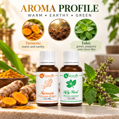 Naturalis 30GP11 Turmeric and Holy Basil essential oil set infographic 2