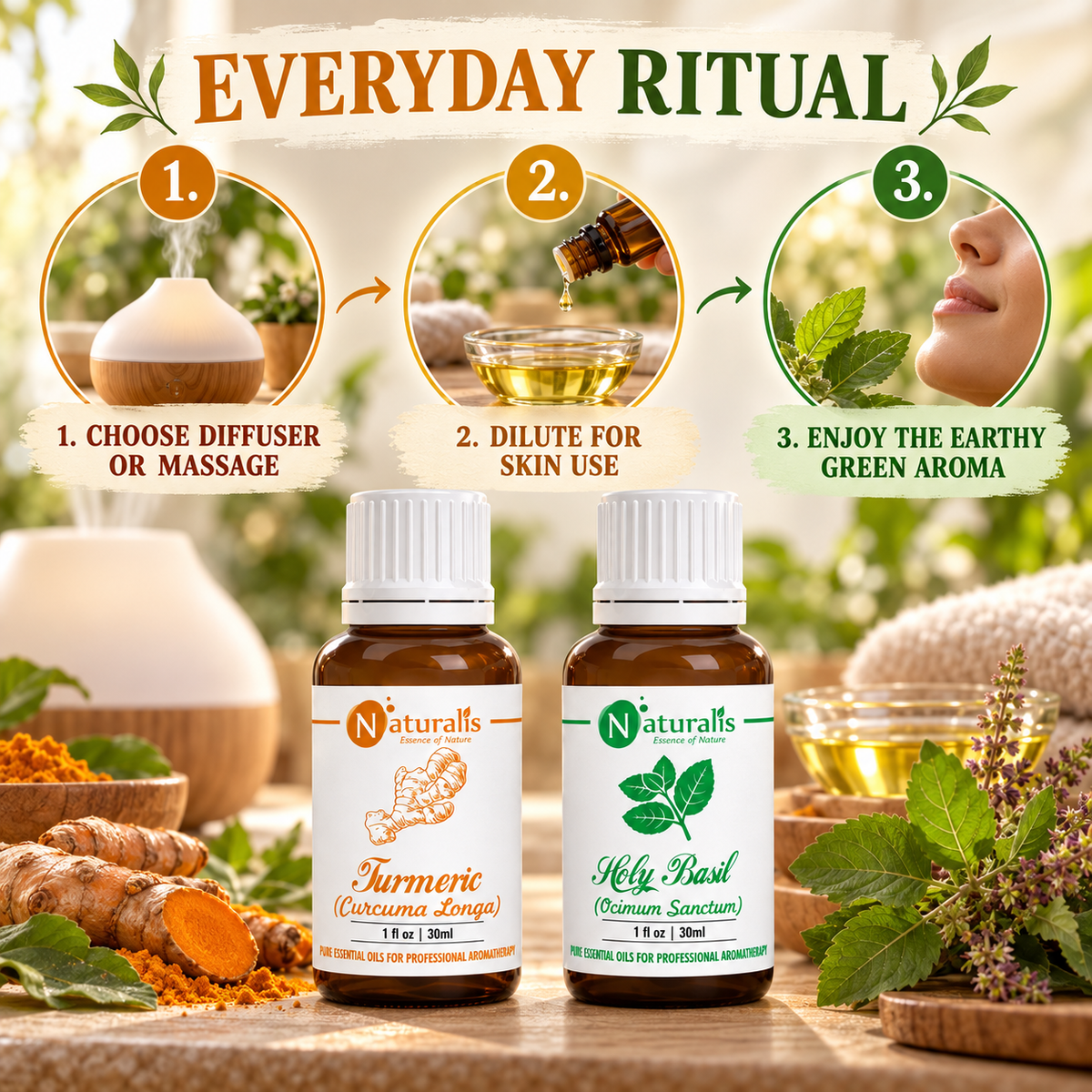 Naturalis 30GP11 Turmeric and Holy Basil essential oil set infographic 5